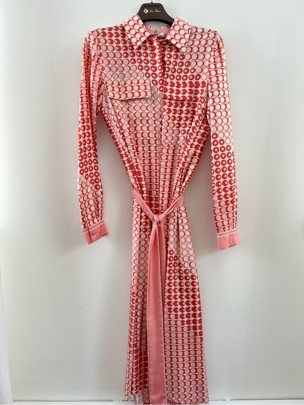 NEW Loro Piana Pink, Red, White Circle-Print Silk Over The Knee Length Dress
